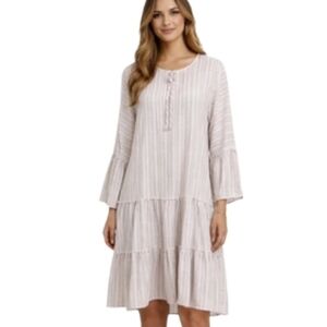 Tavin Dress Beige White Striped Tiered Ruffled Keyhole Long Sleeve Drop Waist
